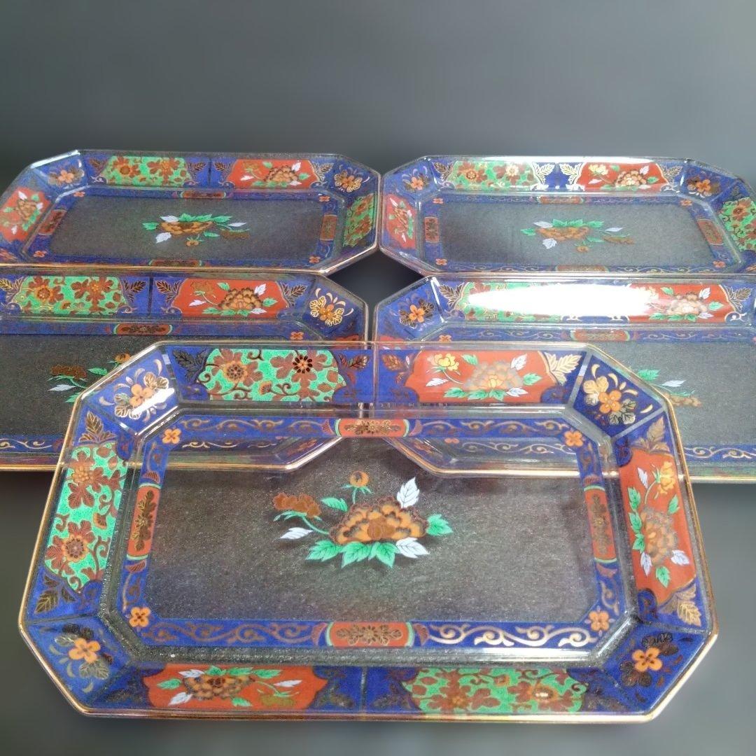 未使用 玻璃古伊萬里 ガラス長角皿5枚　お祝い