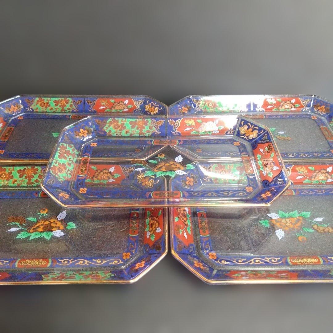 未使用 玻璃古伊萬里 ガラス長角皿5枚　お祝い