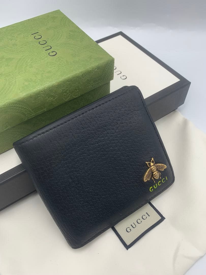 GUCCI グッチ 二つ折り財布 アニマリエ ビー 蜂 ハチ レザー ブラック
