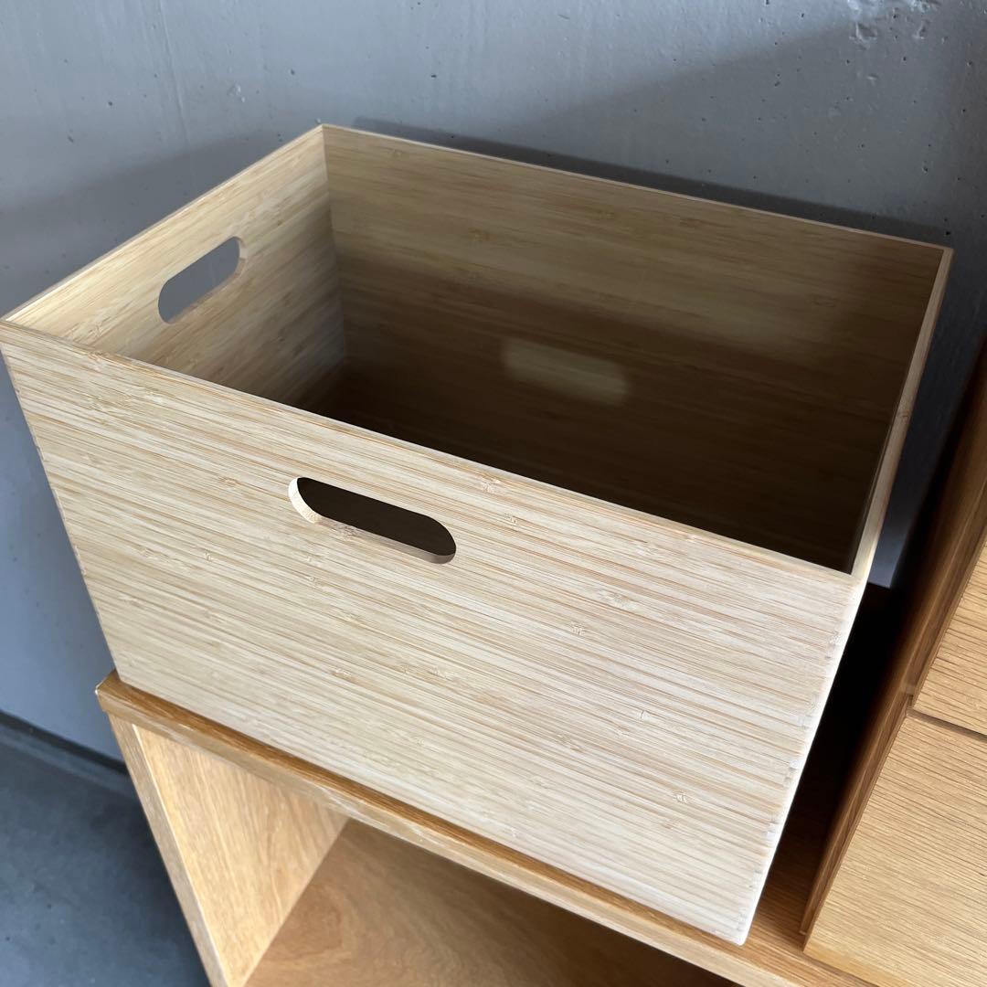 美品★無印 スタッキングシェルフセット・３段×２列・オーク材 チェスト２個竹箱付