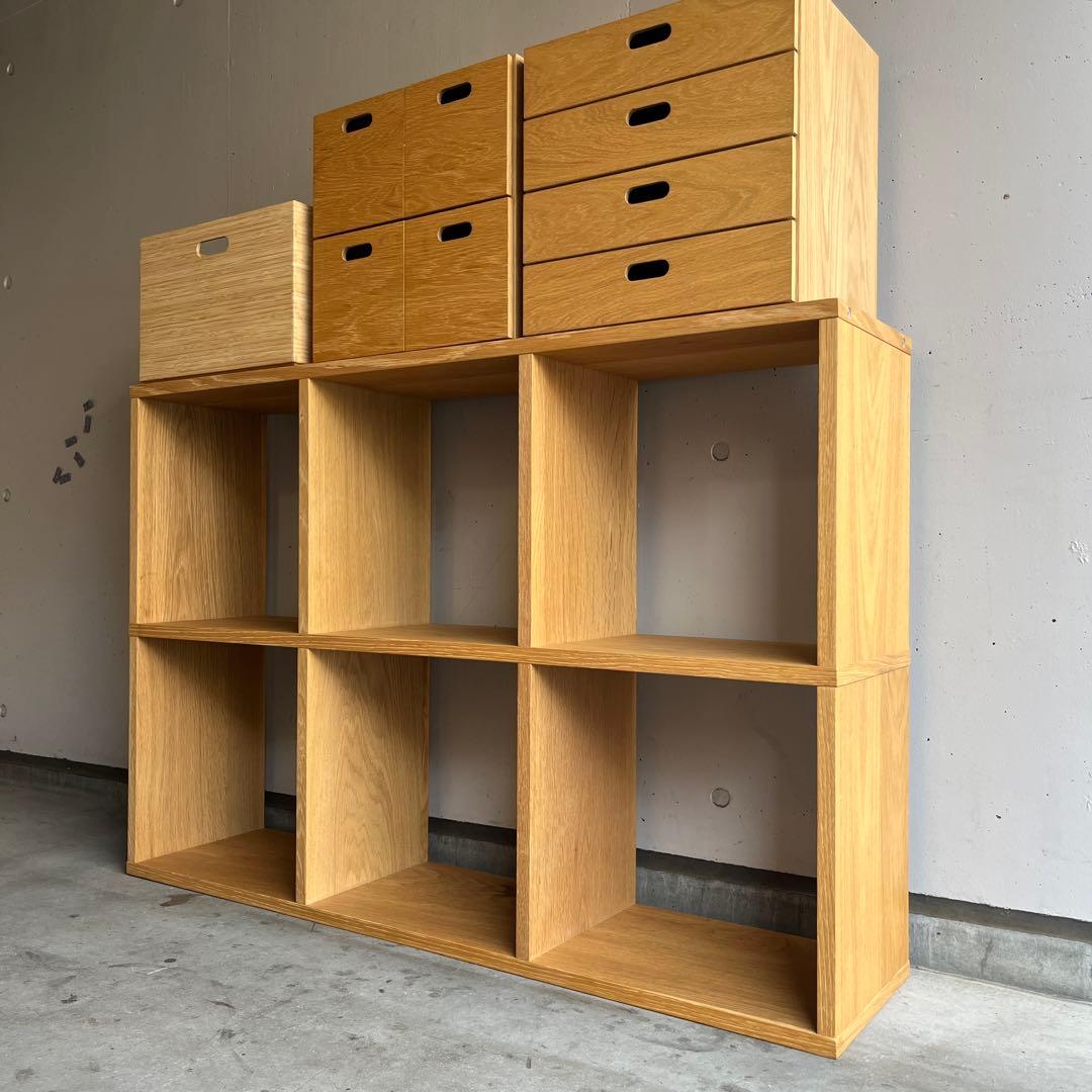 美品★無印 スタッキングシェルフセット・３段×２列・オーク材 チェスト２個竹箱付