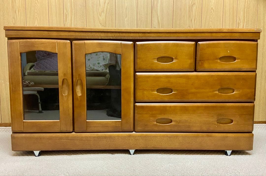 木製キャビネット ガラス扉付き 6引き出し