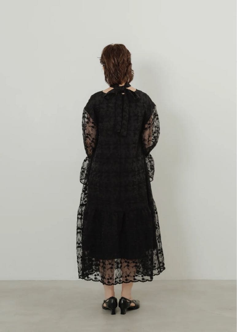 YOURMLE ブラックレースフレアスリーブワンピース