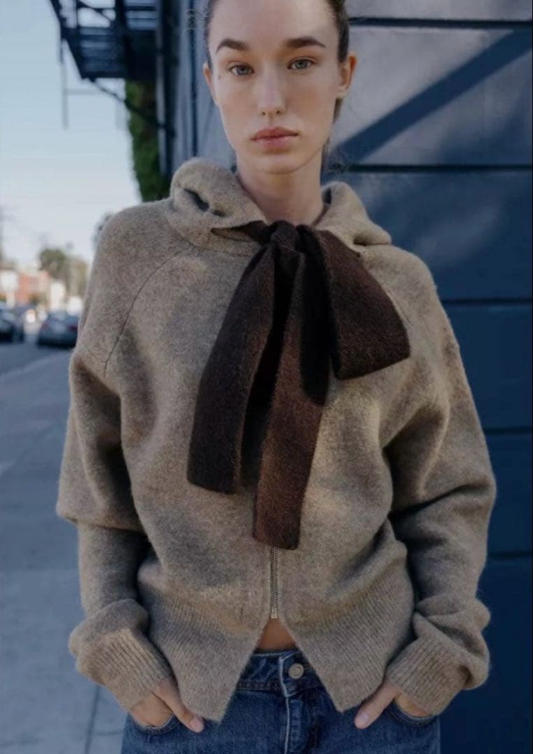 ZARA フード付きリボンニットカーディガン