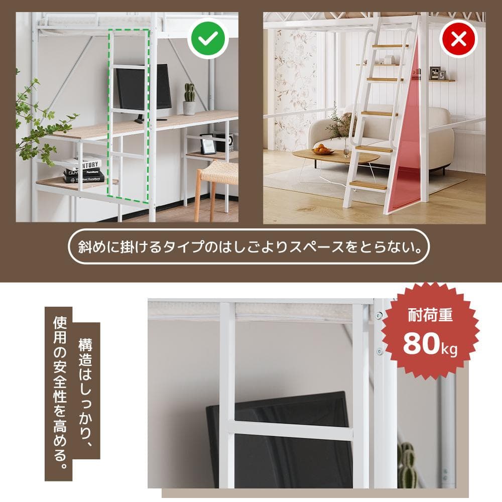 超人気！ロフトベッドデスク付き ラック棚付き ハシゴ階段北欧風 二段ベッド 大人