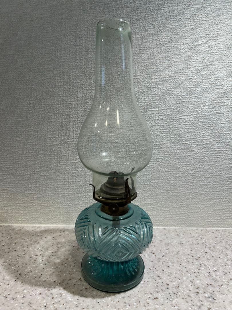 青色ガラスオイルランタン　アンティーク和物ガラス骨董品