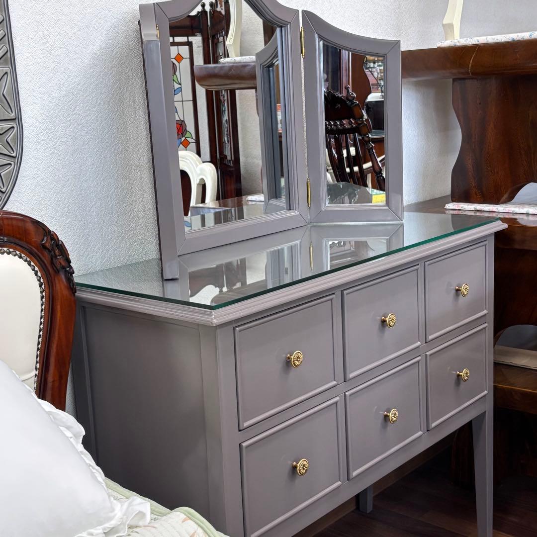 マホガニー材使用 グレーの木製ドレッサー 3面鏡付 高級 綺麗 開梱設置サービス