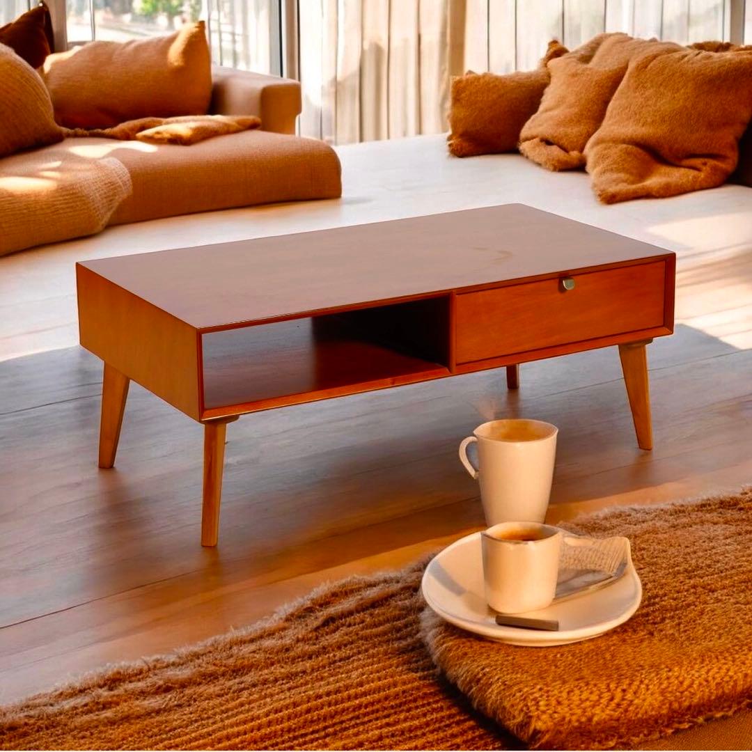 N 新品 北欧 センターテーブル ローテーブル 木製 机 座卓 引き出し 赤茶色