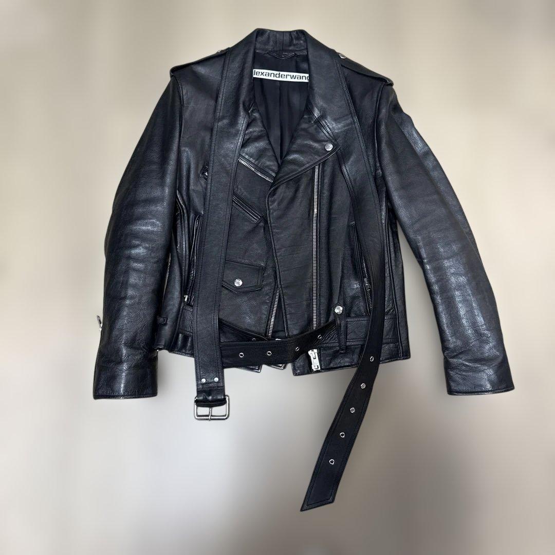 alexanderwang ブラック レザーダブルライダースジャケット