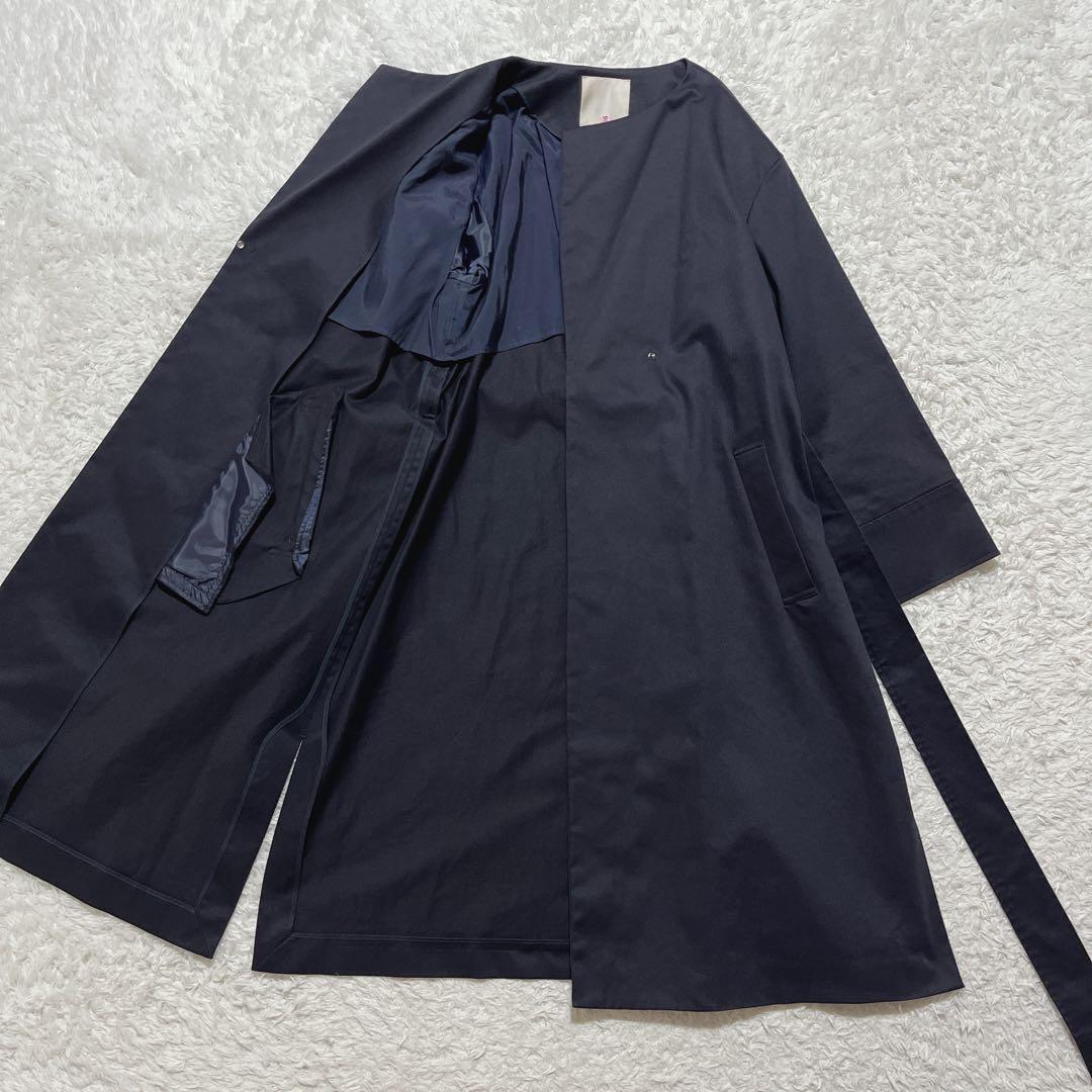 美品✨自由区　セミダブル ノーカラーコート　紺　ベルト付き　ロングコート　40