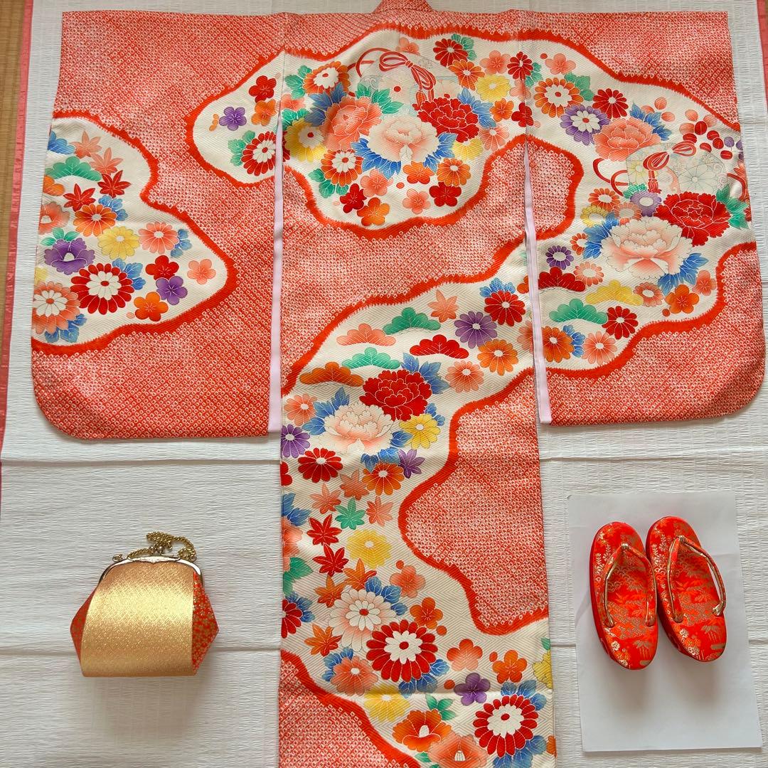 七五三 3歳 着物 753 正絹 総絞り 被布 赤 子供着物 女の子 花