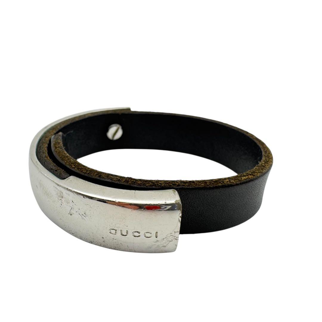 GUCCI ブレスレット　バングル　レザー×メタル　シルバー　グッチ