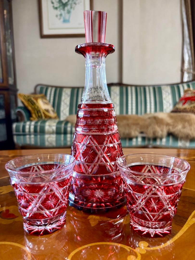 kuu55】島津薩摩切子　金赤デキャンタと冷酒グラスセット
