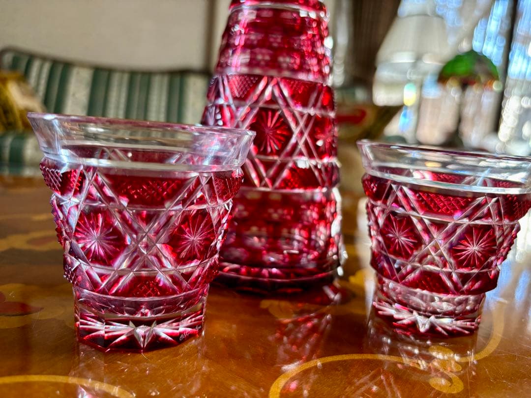 kuu55】島津薩摩切子　金赤デキャンタと冷酒グラスセット