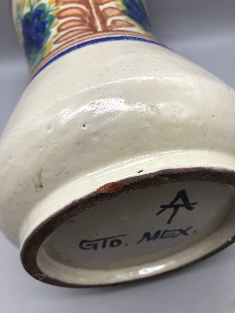 メキシコグアナファト焼ボタニカル柄ビンテージ花瓶陶器三越デパート直輸入伝統工芸品