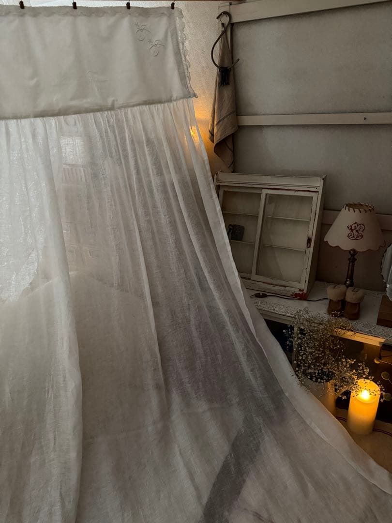 SALE❣️フランスアンティークモノグラム入りリネンガーゼカーテンஐ⋆*