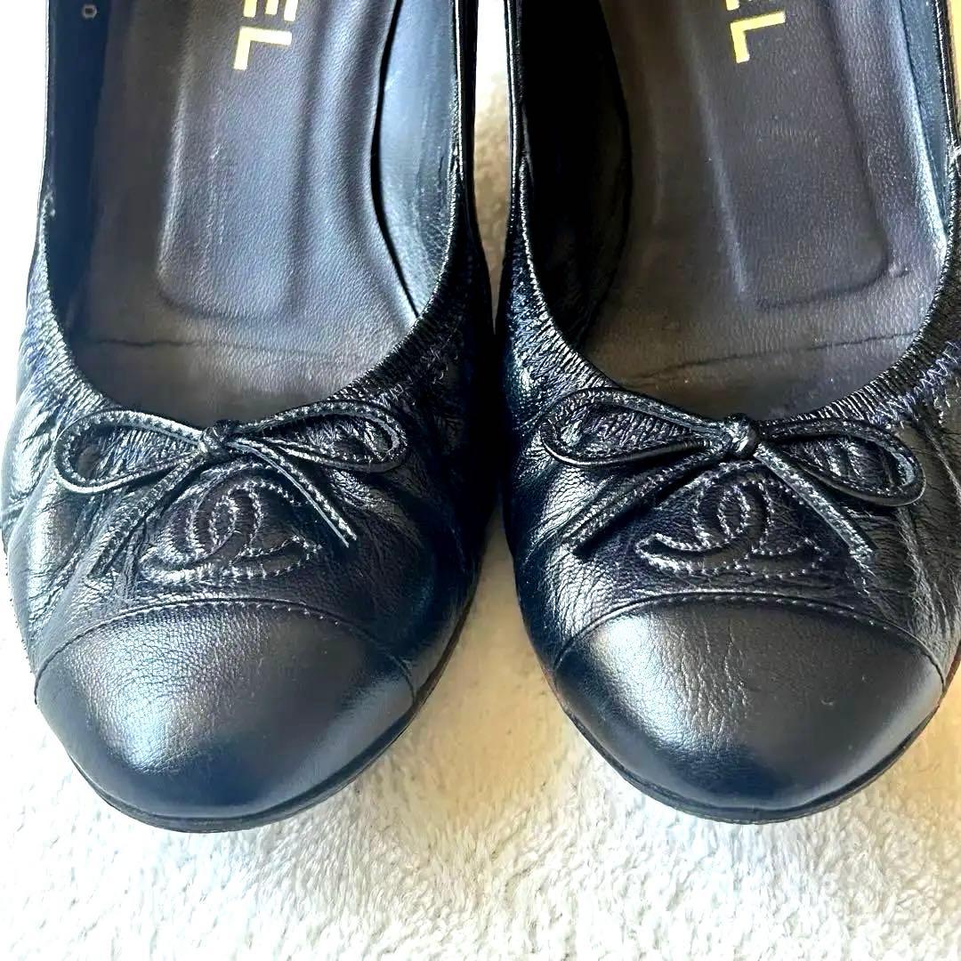 【美品】CHANEL パンプス　ココマーク　リボン　バレリーナ　パーティー　黒