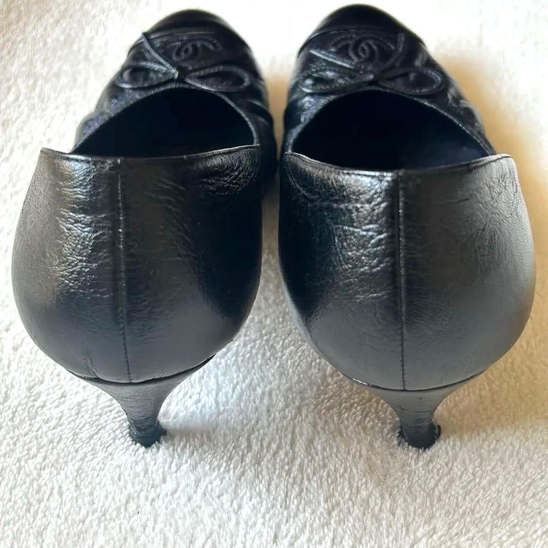 【美品】CHANEL パンプス　ココマーク　リボン　バレリーナ　パーティー　黒