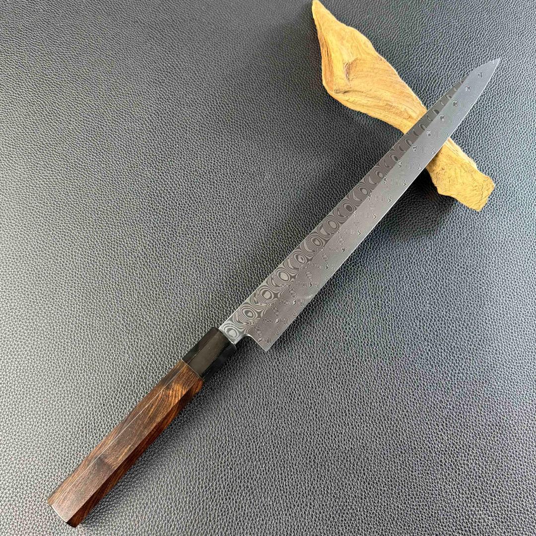 9493 新品 ダマスカス 柳刃包丁 尺 風紋の刃 105層 黒檀黒水牛角八角柄