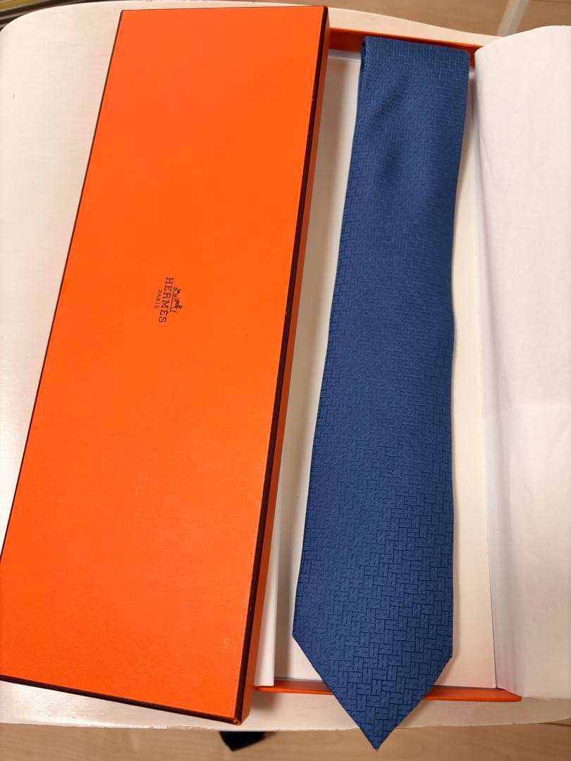 【美品】エルメス ネクタイ　H柄　ブルー　8cm