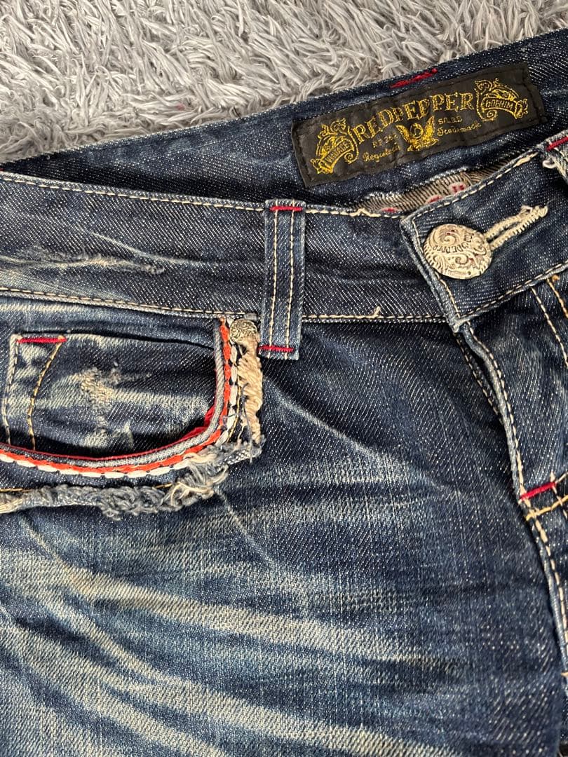 激レア　Y2K red pepper レインボー刺繍　ボヘミアン　フレアデニム