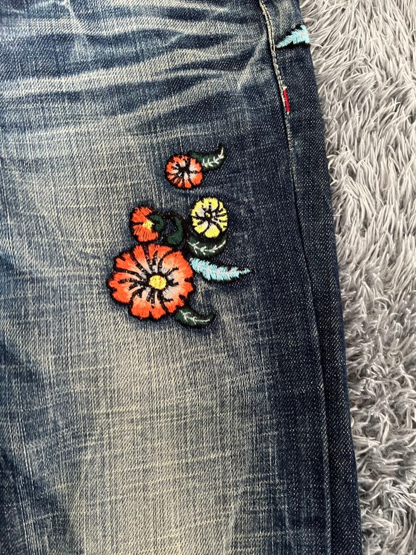 激レア　Y2K red pepper レインボー刺繍　ボヘミアン　フレアデニム