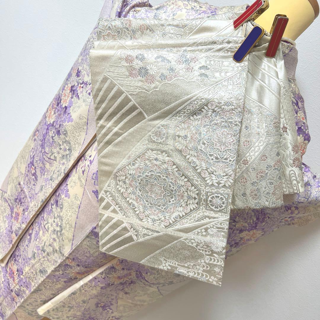 407 振袖フルセット 正絹 薄紫 白 オフホワイト 金彩 総柄 フェミニン