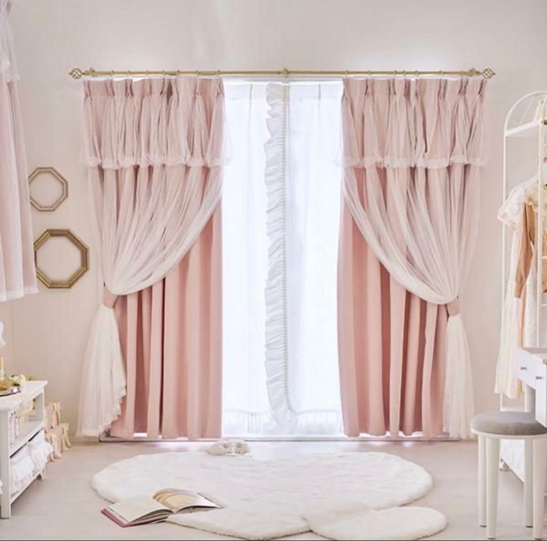 ロマプリ 上飾り付きレイヤード遮光カーテン ピンク 姫系 量産型 100×178