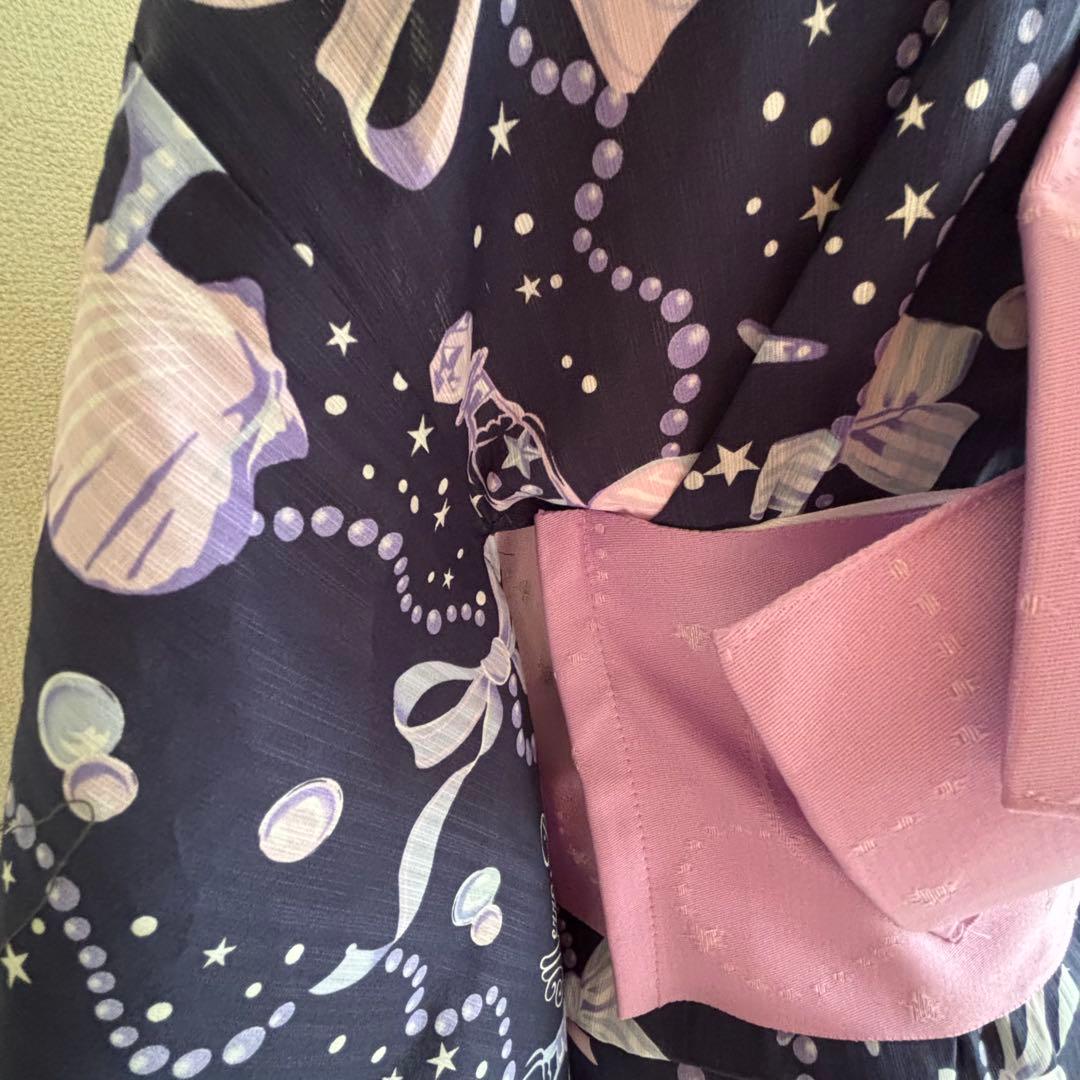 メゾピアノジュニア【150】浴衣 リボン 貝殻 メルヘン 作り帯 ポーチ付き 綿