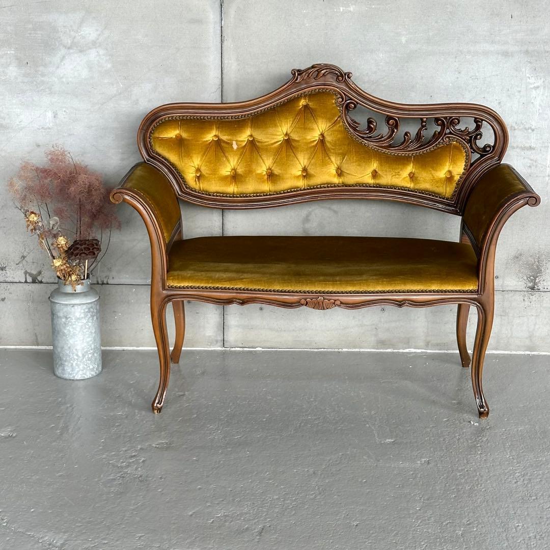 ✦80s✦ アンティークソファ カウチ ベルベット ゴールド 彫刻 ヴィンテージ