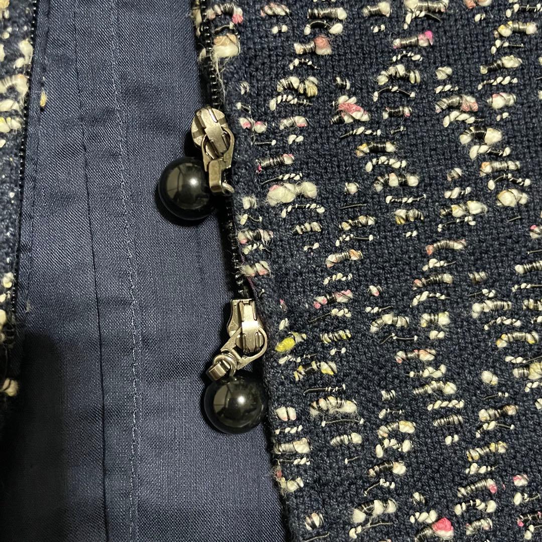 美品✨ルネ　高級　ロングコート　ツイード　TISSUE社製　ジップ　パール　濃紺