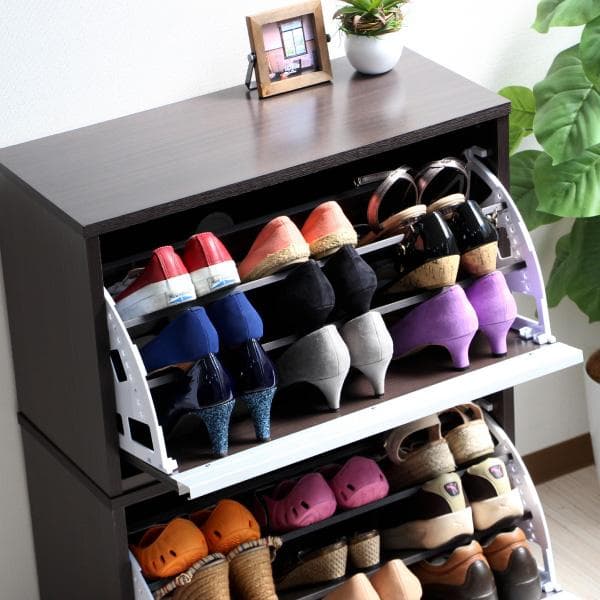 573　省スペースに最大18足薄型シューズラック ダークブラウン