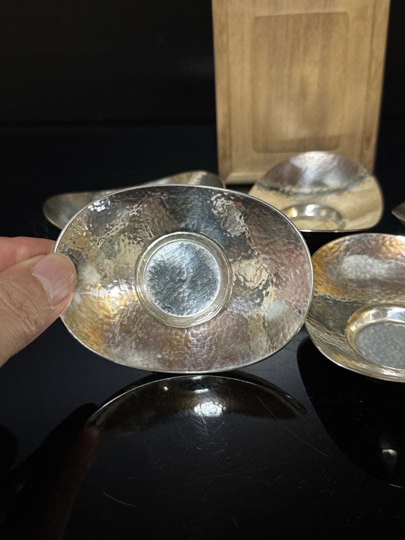 純銀 槌目 小判型 茶托 5枚 桐箱付 約290g 茶道具 煎茶