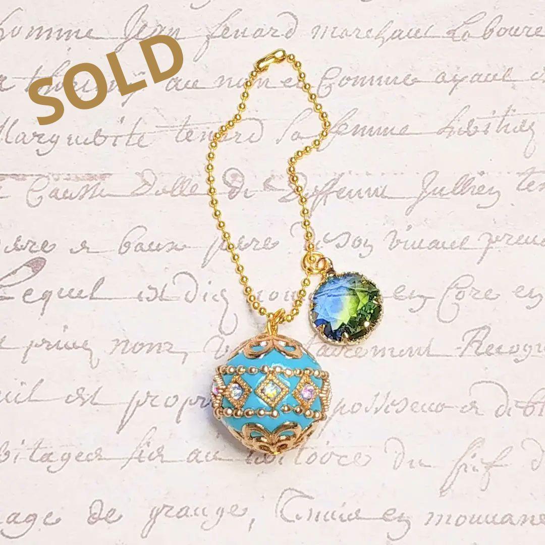 SOLD◆ハンドメイド インドネシアビーズ ガラスチャーム キーホルダー ブルー