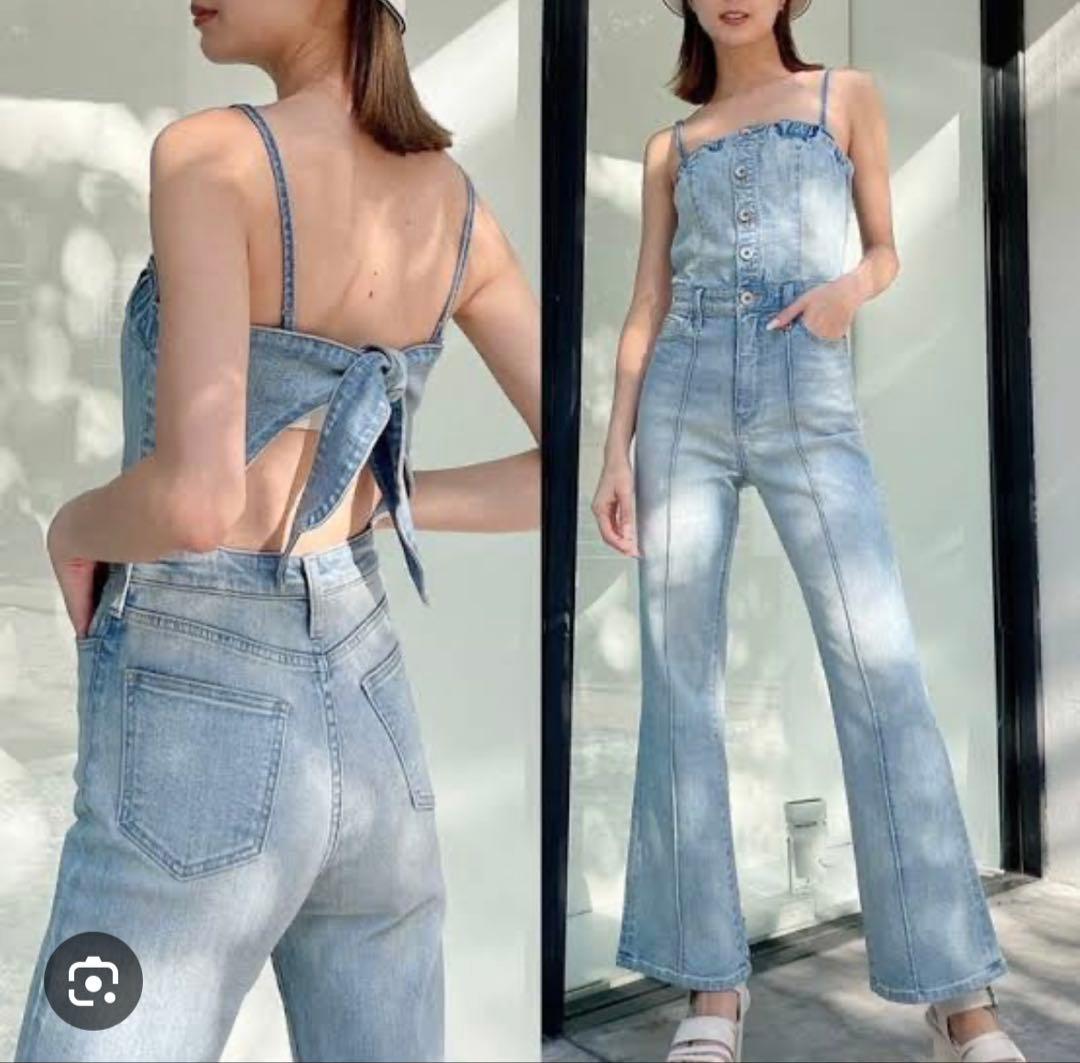 BACKリボンデニムロンパース　GYDA XS