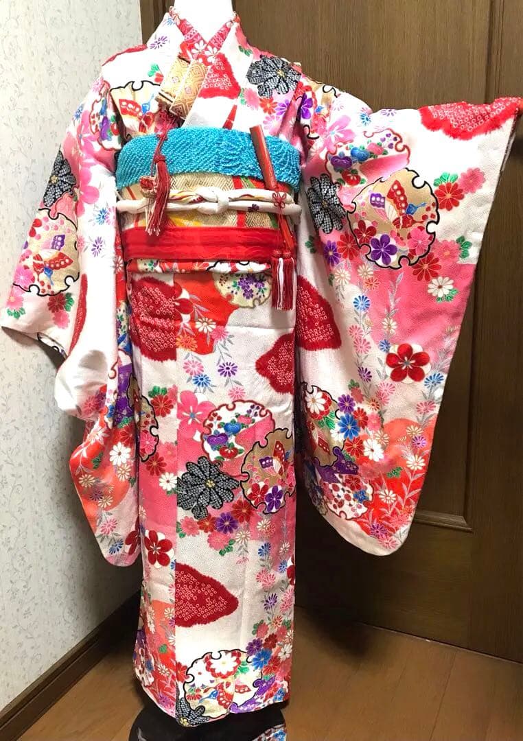 七五三7歳着物セット　正絹　絞り入り　可愛い和花　蝶❤️髪飾り　バック