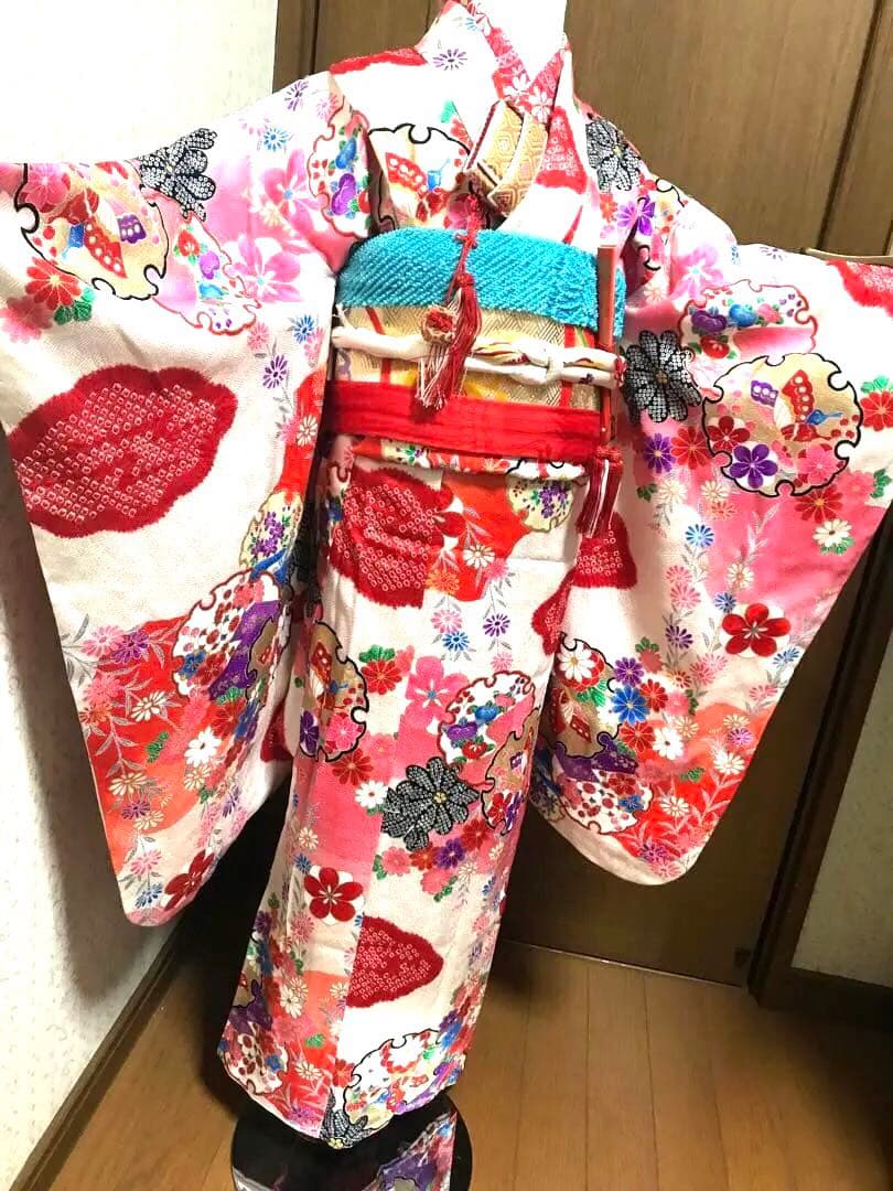 七五三7歳着物セット　正絹　絞り入り　可愛い和花　蝶❤️髪飾り　バック
