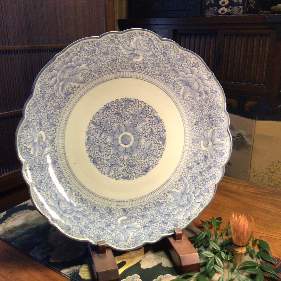 A865 古伊万里　染付　幕末線描　牡丹に柘榴紋様（1尺5寸）大皿　　1枚