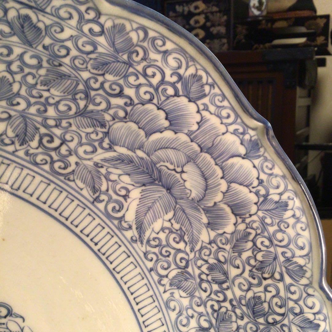 A865 古伊万里　染付　幕末線描　牡丹に柘榴紋様（1尺5寸）大皿　　1枚