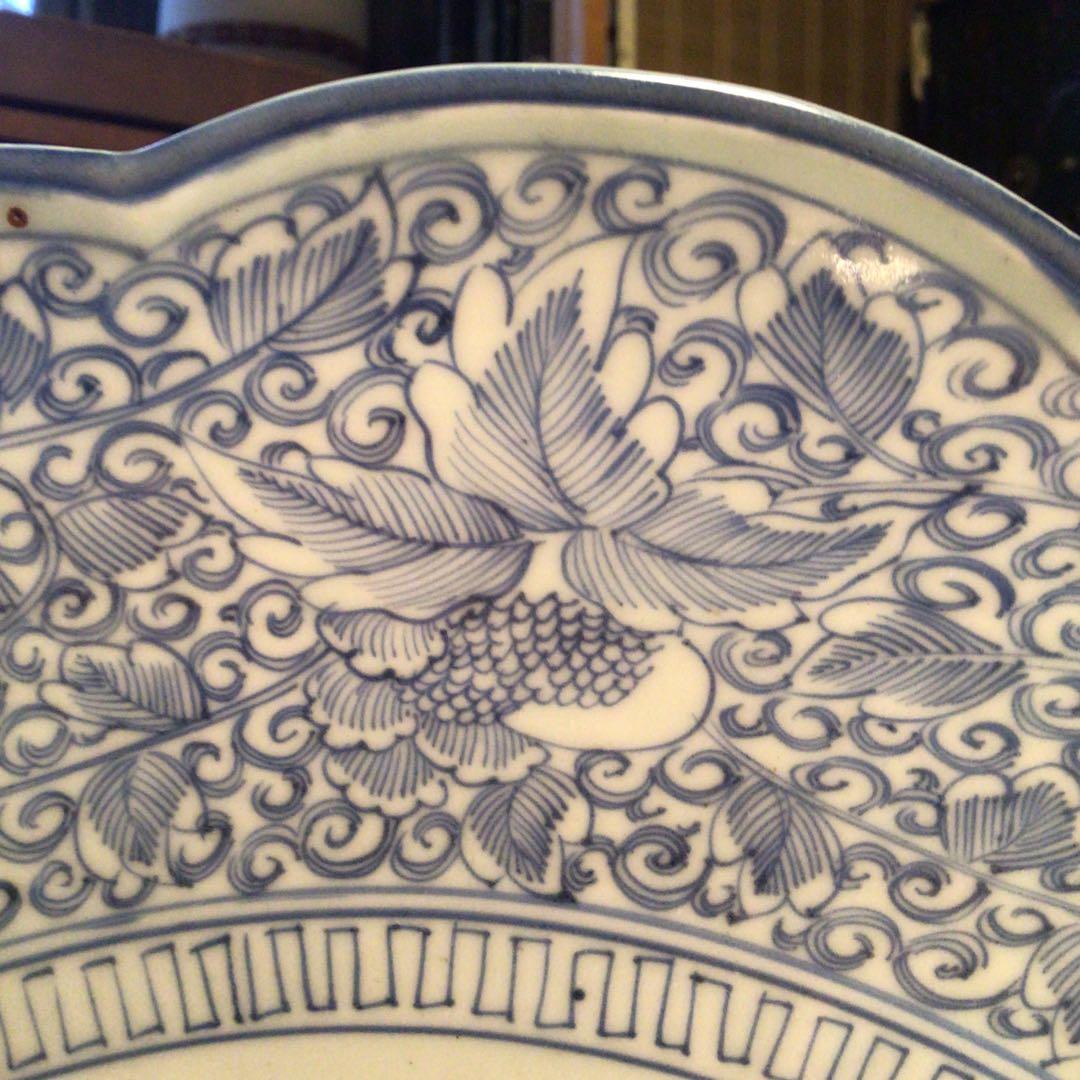 A865 古伊万里　染付　幕末線描　牡丹に柘榴紋様（1尺5寸）大皿　　1枚