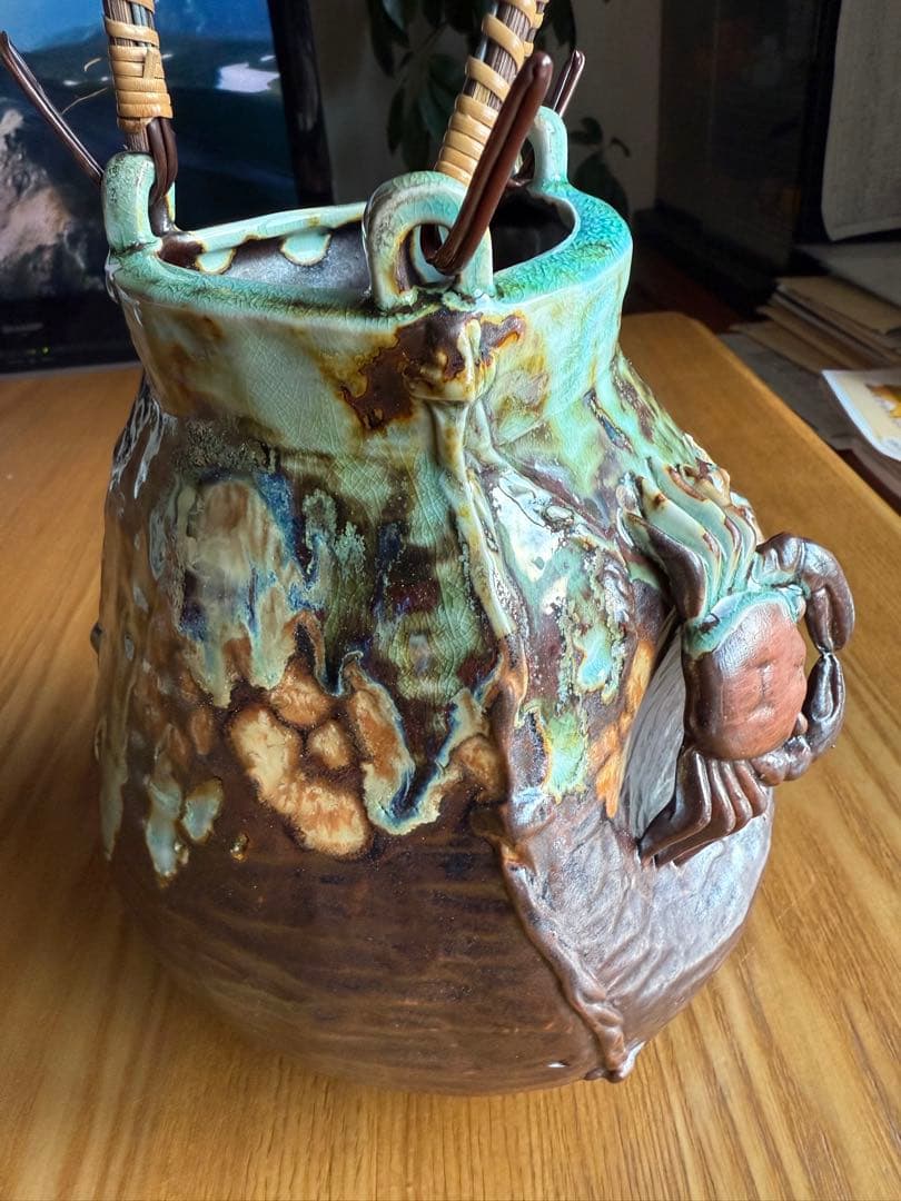 相馬焼？信楽焼？蟹　カニ装飾の陶器花瓶　置物　アンテリア