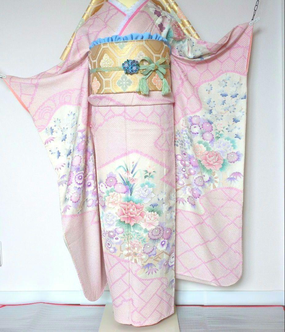 振袖セット　花車文　正絹　友禅　金駒刺繍　入子菱地紋　金彩加工　高級手絞り 17