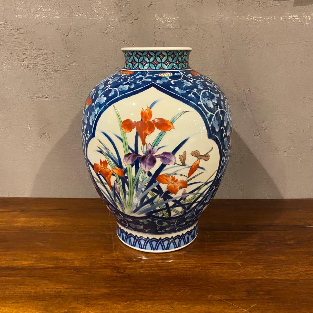 有田焼 池田視行作 二方割 花鳥文 大壺 36cm 骨董品 染錦　コレクション