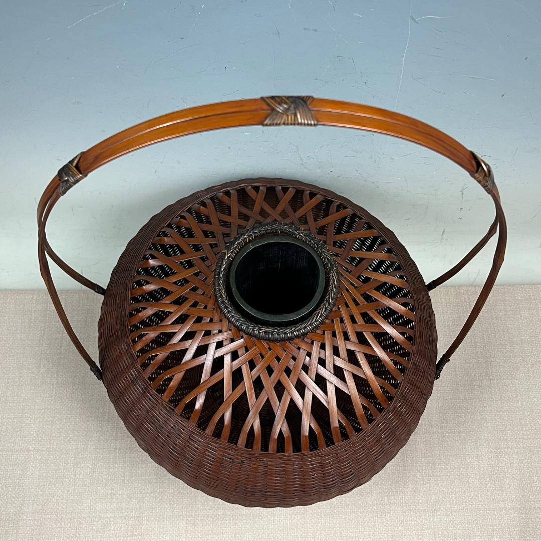 43『淡々斎好写 宝珠籠花入』 平安竹宝斎系統 共箱 落とし 竹籠 花生 茶道具