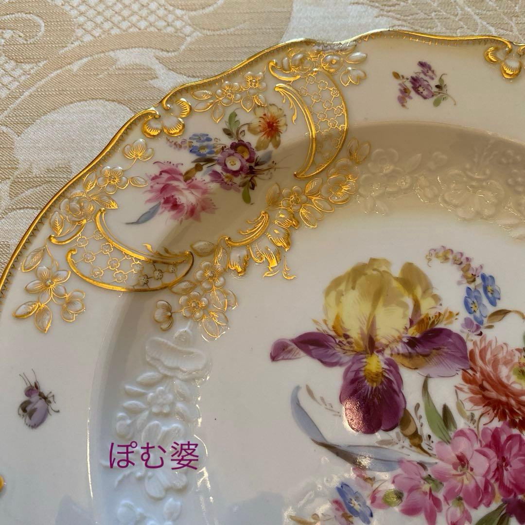 【古マイセン】金彩 花絵皿「ノイマルセイユ／フラワーブーケと昆虫」2枚