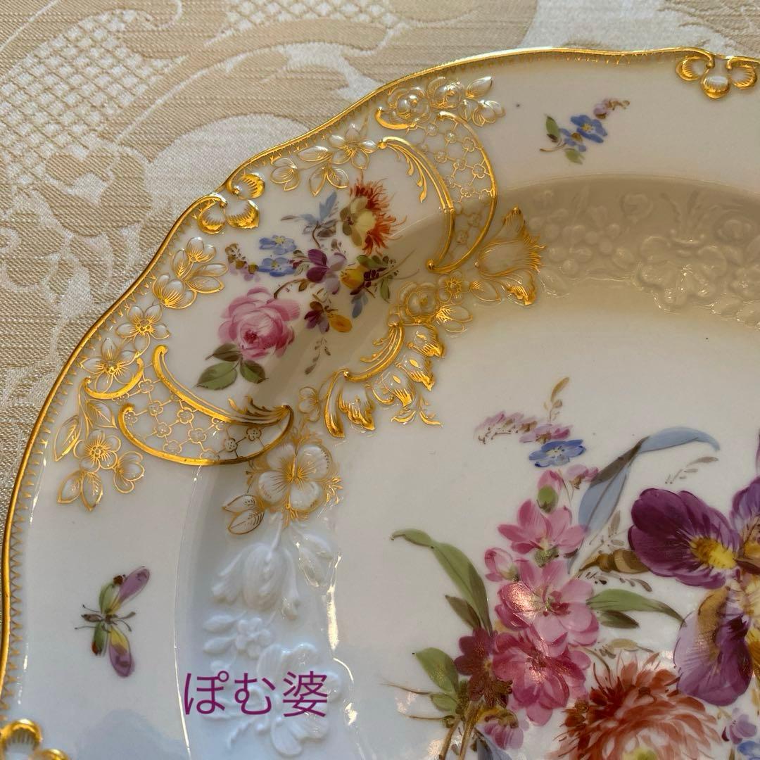 【古マイセン】金彩 花絵皿「ノイマルセイユ／フラワーブーケと昆虫」2枚