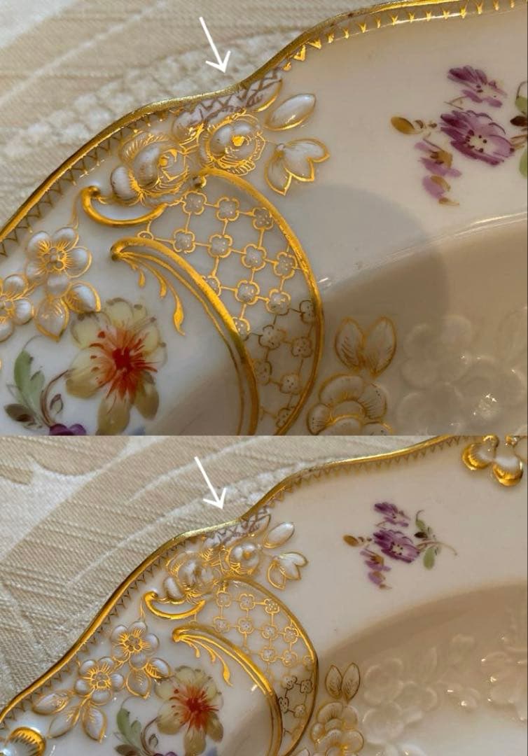 【古マイセン】金彩 花絵皿「ノイマルセイユ／フラワーブーケと昆虫」2枚