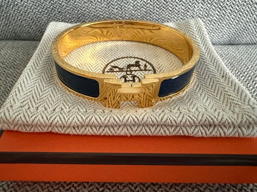 エルメス　ブレスレット　ネイビー金メッキバングル H型 美品