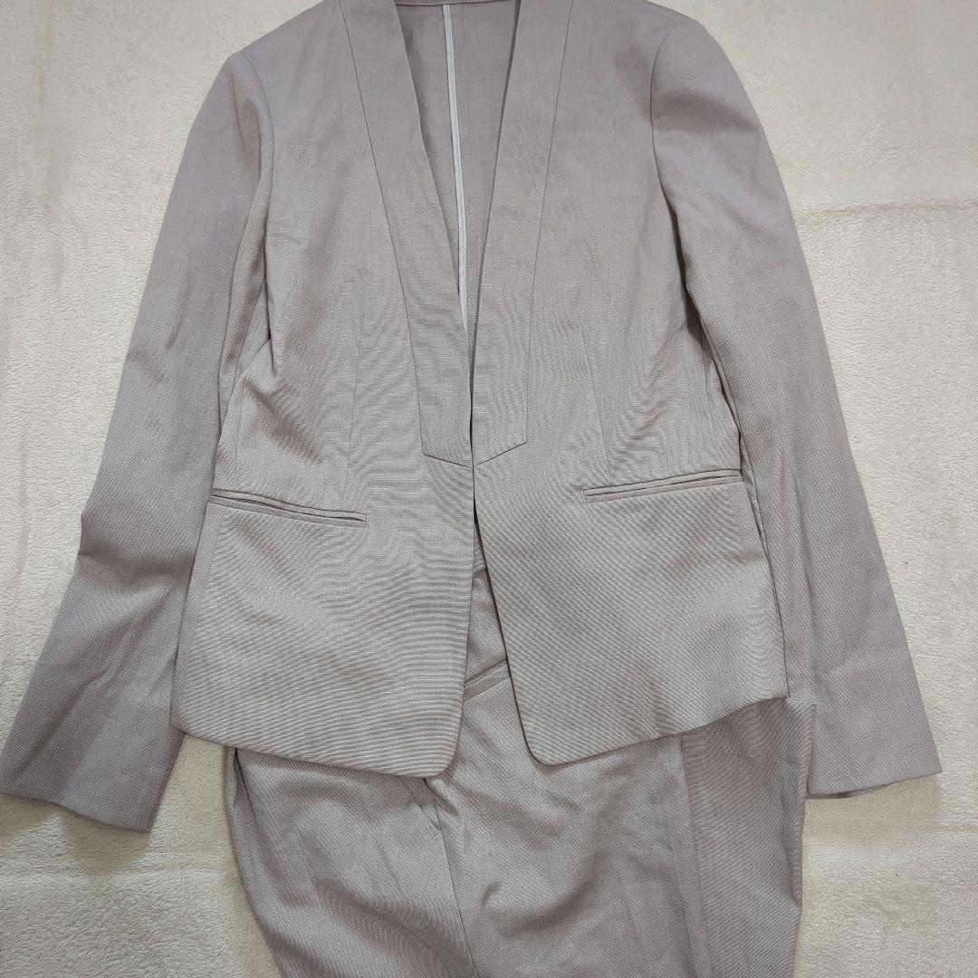 グリーンレーベルリラクシング ノーカラー パンツスーツ セットアップ グレージュ