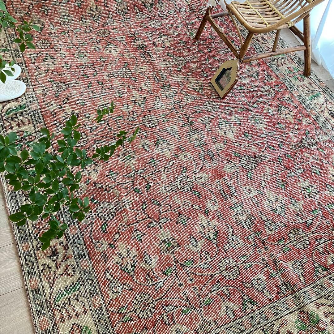 レア4m✳︎超超ロング　シャビーレッド　フローラルグリーン　トルコヴィンテージラグ